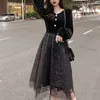 Sammet svart klänning fransk långärmad maxi gotisk designer v-hals kvinnor kväll sequins höst damkläder 210604