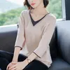Cropped Sleeve Knit Sweater Women Loose Thin Patchwork Ruched V-neck Bottoming Fake Two Jumpers Pullovers Female Spring 210427