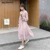 Herfst OL Bow Collar Riem Roze Jurken Zomer Tuniek Vintage Chiffon Streetwear Womens Lovely Ins Elegant Chic Vestidos 210520