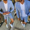 Kort Pinstripe Groom Bröllop Tuxedos Mens Beach Blue Jacket Suits Prom Party Business Suit Outfit (Jacka + Byxor)