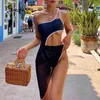 Hollow out patchwork onepiece One-shoulder swimsuit Sexy mesh skirt bathing suit High cut swimwear Vintage monokini 210414