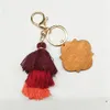 NEWPersonalized Wooden Keychain Party Favor Three-layer Cotton Tassel and Four-leaf Clover Wood Chip Pendant Key Ring Multicolor ZZE10767