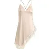 2020 New thin lace tether ice silk sexy female summer strap deep V satin Open back low chest Split strap Nightdress Nightgown ML Q0818