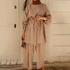 Kadınlar Müslüman Yaz 2 Adet Kıyafetler Set Uzun Kollu Kuşaklı Tunik Geniş Bacak Gevşek Pantolon Düz Renk Dubai Kaftan Başörtüsü X0428 Tops