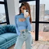 CNYISHE Women Sexy Hollow Out Knitted Ribbed T-shirts Women Tee Long Sleeve Solid Pullover Tops Casual Shirts Female Blusas 210419