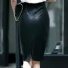 AACHOAE BLACK PU кожаная юбка женщины новая MIDI сексуальная высокая талия BodyCon разделенная юбка офис карандаш юбка длина колена плюс размер 210401