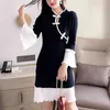 Women Chinese Style Dress Cheongsam Long Sleeve Mini Black And White Patchwork Flare Buckle D1740 210514