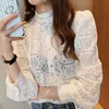 Summer Women White Lace Shirt Long Sleeve Sexy See Through Female Blouse Tops 210415