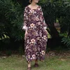 Johnature Kadınlar Pamuk Keten Elbiseler Vintage Baskı Çiçek Elbiseler Bahar O-Boyun Uzun Kollu Gevşek Orijinal Kadın Bezleri 210521