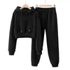 Women's Two Piece Pants Autumn And Winter Solid Color Tracksuit Woman Pocket Hooded Loose Slim Plush Sets