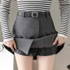 Autumn Winter Women Solid Woolen Skirt High Waist Mini Skirts with Belt Minimalist Skater Pleated Womens 210428