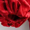Femmes rouge velours col en V bouffée à manches courtes dames Mini robe Vestidos YI15 210416