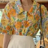 Старинные масляные печать рубашки женщины отключить воротник с коротким рукавом свободные блузки лето Blusas Mujer корейские моды вершины 4J228 210519