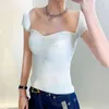 Elegante Stricken Frauen T-Shirt Square Kragen Kurzarm Tunika Slim T-shirts Weibliche Mode Frühling Kleidung 210524