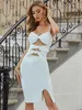 Kobiety Sexy Moda V Neck Bow Hollow Out Biała Bandaż Dress Elegancka Celebrity Bodycon Split Party Vestido 210527