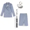 Otoño Oficina Lady Trajes Azul Elegante Chaqueta de doble botonadura Abrigo + Botón Abierto Tenedor Falda Blazer 2 piezas Set 210416