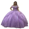 منتفخ أرجواني الكرة ثوب فساتين quinceanera الطابق طول تول الحلو 16 اللباس قبالة الكتف الرباط يزين حفلة عيد ميلاد الحزب الرسمي ثياب 2022