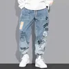 Moda Streetwear Uomo Jeans Retro Blu Loose Fit Stampato Designer Denim Harem Pantaloni Homme Pantaloni da jogging Hip Hop con fondo allentato