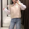 Kamizelka Kobiety V Neck Cropped Dzianiny Zimowy Sweter Bez Rękawów Kobiety Fall Vintage Puszysty Rib Knit Top Pulowers 210519