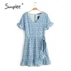 Vintage daisy print casual blue women summer Country style hollow out boho dresses Fashion asymmetry mini dress 210414