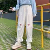 Japonês kawaii harajuku meninas adolescentes soltos bordado perna selvagem calça folga casual fêmea doce doce calças calças 210520