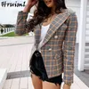 Mode Plaid Jas Office Lady Suits Coat Double Breasted Pocket Slanke Jassen Lange Mouw Plus Size Bovenkleding Herfst Casaco 210513