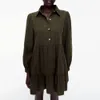 BLSQR Mini abito da donna in puro cotone verde militare casual drappeggiato maniche lunghe solido ed elegante abiti 210430