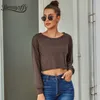 Długi rękaw Kropla Ramię Crop Top Women Fashion Streetwear Okrągłe Neck Tee Spring and Lato Ladies Cropped T-shirt 210510