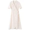 Zomer kantoor dame frans dot jurk gekleed korte mouw lace up tuniek vintage jurken vrouwen onregelmatige vestidos vrouwelijke 210608