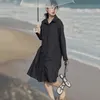 [EAM] Women Black Big Size Pleated Shirt Dress Lapel Flare Long Sleeve Loose Fit Fashion Spring Summer 1DD6570 210512