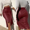 Women Trendy Pu Leather Midi Skirt Solid Color High Waist Slim Skinny Pencil Skirt For Ladies Streetwear Slim Mid-length Skirt X0428