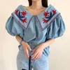 Blouses pour femmes chemises 2022 automne lanterne manches lâche Denim chemise Vintage Style ethnique fleur broderie femmes Femme hauts Blusas 15433