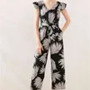 빈티지 해바라기 그림 인쇄 V 넥 jumpsuits 여름 여성 패션 꽃잎 슬리브 와이드 - 다리 Rompers Playsuits 여성 바지 210514