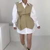 Casual Dresses Korea Chic Stäng Midja Kvinnor Skjorta Klänning Patchwork Lös 2021 OL Höstkontor Slitage Stilig kappa