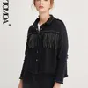KPYTOMOA 여성 패션 술 베드 대형 데님 재킷 코트 빈티지 긴 소매 닳은 밑단 여성 겉옷 세련된 탑 211223
