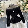 Старинные бархатные топы женщины осень черные кружева лоскутные блузки корейские стойки воротник элегантный короткий Blusas 19321 210415