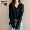Neploe O Neck Long Sleeve Single Breast Knit Sweater Cardigans Women Spring Slim Pull Femme All Match Solid Sueter 210510