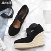 Aneikeh Summer Fashion Women Sanded Toe Sandały Czarny Stado Elastyczna Platforma Platformy Obcasy Sandalias de Las Mujeres 210626