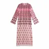 Za Vintage Print Slit Long Dress Women Summer O Neck Long Sleeve Elegant Party Dresses Feminine Chic Back Zip Beach Dress 210602