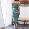 Summer Boho Floral Print Dress Women Ruffle Green Bodycon Long Beach Holiday Elastic Elegant 210427