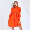 Sznurek Elegancka Dress Dla Kobiet Stojak Kołnierz Puff Sleeve Casual Luźne Suknie Kobiet Moda Wiosna 210520