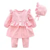 Cute Baby Girl Rompers Kids Spring Autumn Pure Color And Hat born Clothes 210429