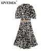 Women Chic Fashion Animal Print With Belt Midi Dress Short Sleeve Ruffled Female Dresses Vestidos Mujer 210420