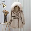 Vinter Kvinnor Snö Big Real Fur Collar Hooded Beige Down Parka 90% Vit Duck Long Coat Stretwear Windbreaker Outwear 210430