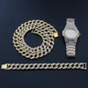 Colar+Relógio+Pulseira Hip Hop Corrente Cubana Liga Dourada Congelada Pavimentada Strass CZ Bling Rapper Jóias de Casamento Para Homens Correntes