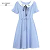 Preppy Style Summer Women Cute Dress Peter Pan Collar Black Blue Embroidery Fruit Vestido Short Sleeve Sweet Kawaii Dresses 210520