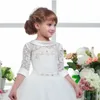 Schöne Blume Mädchen Kleider für Hochzeiten Prinzessin Juwel Lange Ärmel Spitze Tief V-ausschnitt Große Bogen Sweep Zug Kleine Kinder Heiliges Pageant Kleid 2021