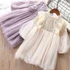 Robes de fille Lantern Sleeve Vêtements pour enfants Party Princess Spring Kids Lace Enfants Robe avec perles violet et blanc 3-7T 211027