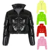 Women Winter Long Sleeve Zipper Puffer Down Jacket Stand Collar Shiny Metallic Faux Leather Cropped Puffy Bubble Coat Quilt