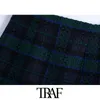 Traf Женщины шикарные моды с кнопками Tweed Mini юбка Урожай высокая талия на молнии женские юбки Mujer 210415